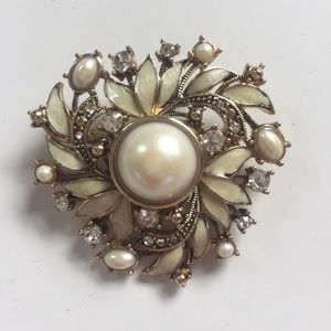 Faux Gold, Diamond, and Pearl Brooch